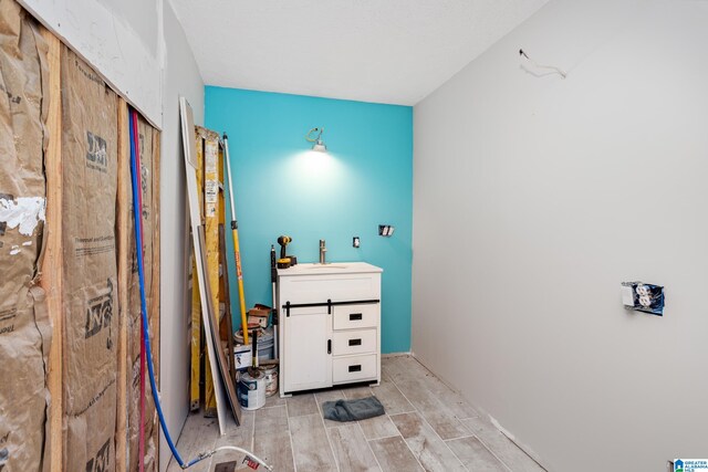 bathroom featuring vanity and hardwood / wood-style flooring