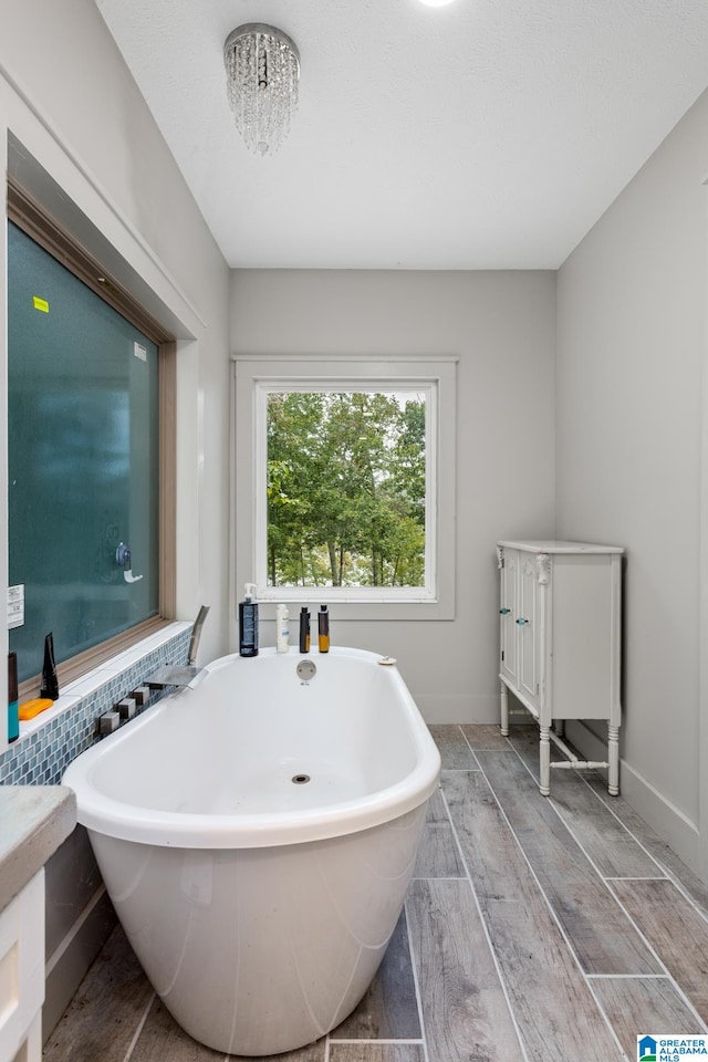 bathroom with a bath, hardwood / wood-style floors, and vanity