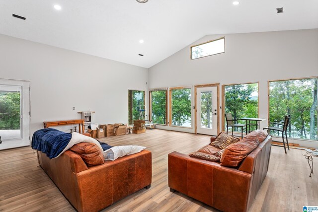 living room featuring high vaulted ceiling and light hardwood / wood-style floors