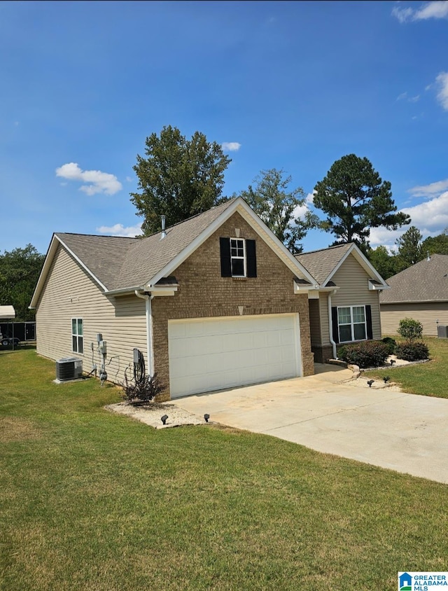 view of front of home with cooling unit and a front lawn