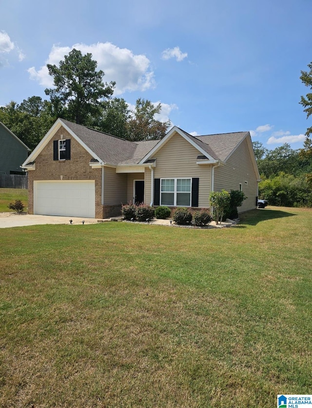 ranch-style home featuring a front lawn and a garage