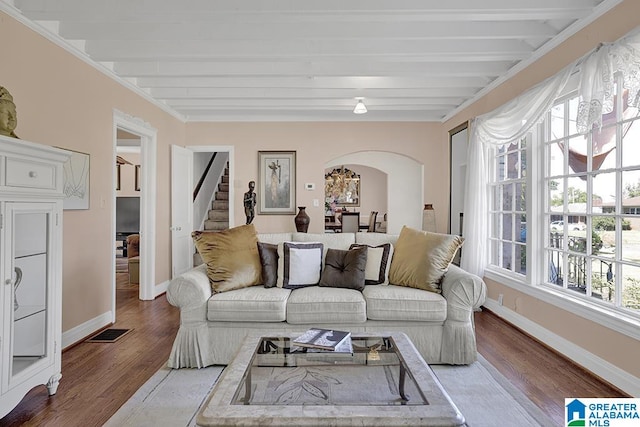 living room featuring a wealth of natural light, wood-type flooring, and beam ceiling