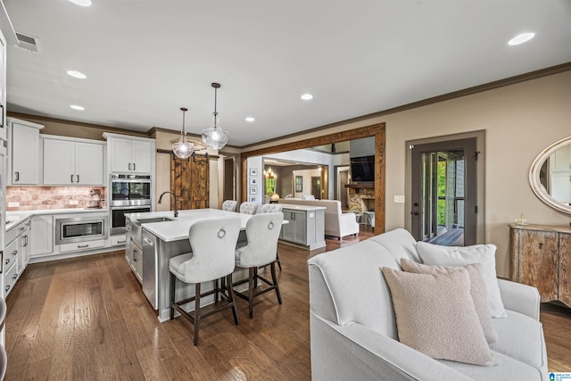 kitchen featuring tasteful backsplash, hanging light fixtures, stainless steel appliances, dark wood-type flooring, and a kitchen island with sink