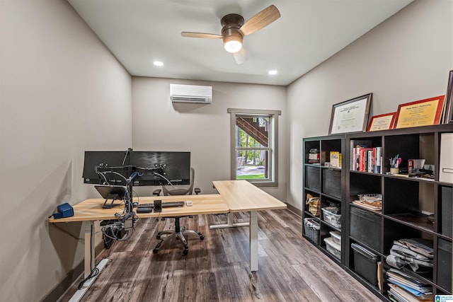 home office with ceiling fan, wood-type flooring, and a wall unit AC