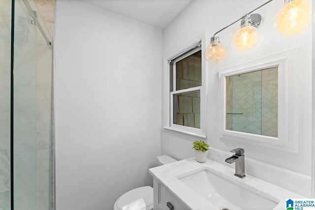 bathroom with a shower with shower door, toilet, and vanity