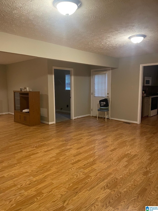 spare room featuring a textured ceiling and light hardwood / wood-style floors