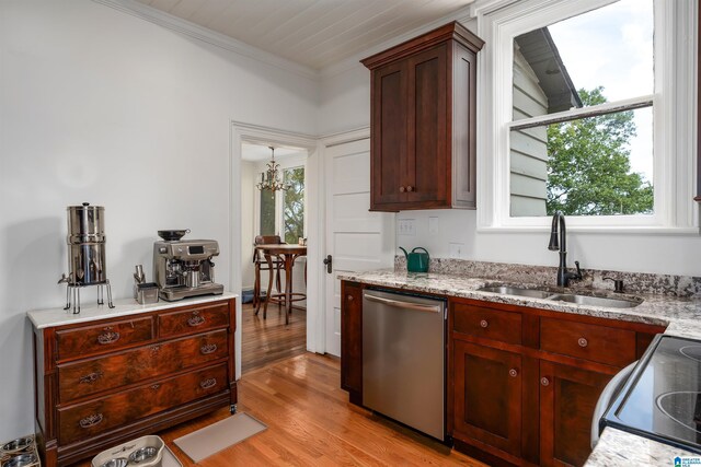 kitchen with range with electric stovetop, stainless steel dishwasher, a sink, light wood-style floors, and crown molding