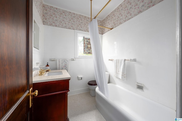 bathroom with toilet, wallpapered walls, shower / bath combo with shower curtain, tile patterned flooring, and vanity