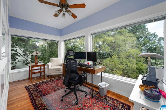 home office with ceiling fan, light hardwood / wood-style floors, and a healthy amount of sunlight