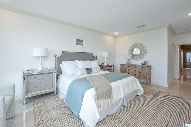 bedroom with light tile patterned floors and ornamental molding