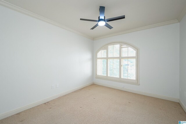 carpeted empty room featuring ceiling fan and ornamental molding