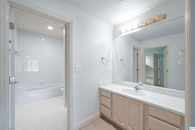 full bathroom with vanity, toilet, shower / bathtub combination, and tile patterned floors