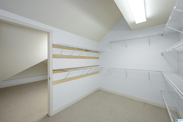 spacious closet featuring lofted ceiling and carpet