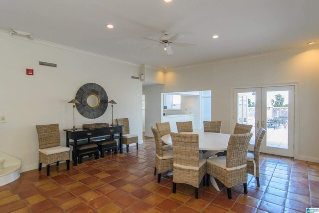 dining room with french doors, ceiling fan, and ornamental molding