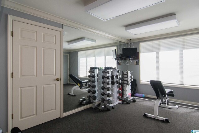 exercise area featuring ornamental molding