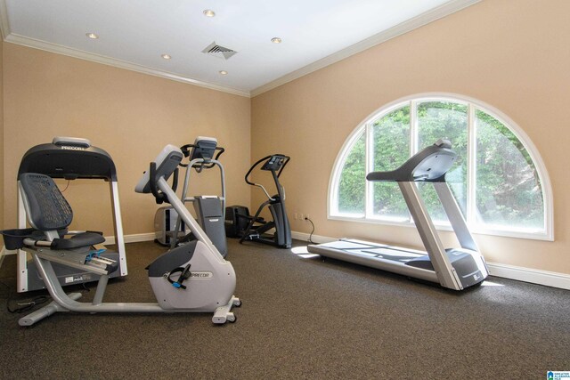 exercise room featuring ornamental molding