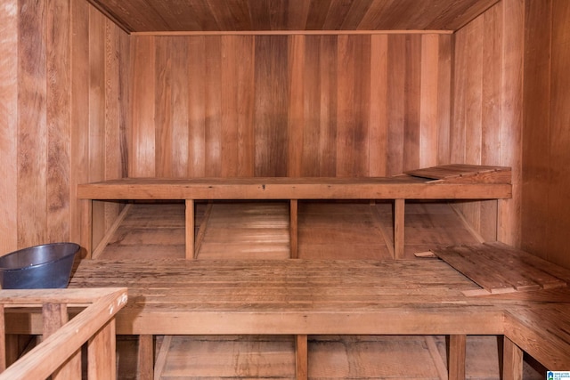 view of sauna / steam room featuring wooden walls and wooden ceiling