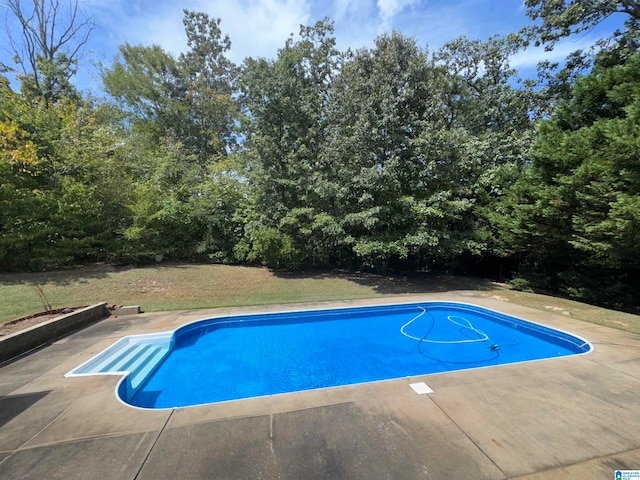 view of pool with a lawn and a patio area