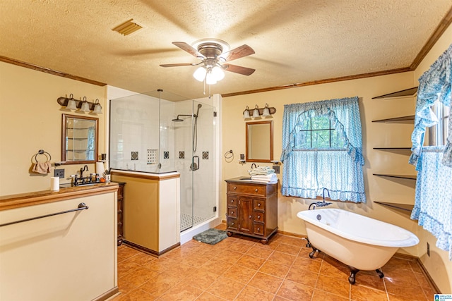 bathroom with vanity, a textured ceiling, independent shower and bath, and ceiling fan