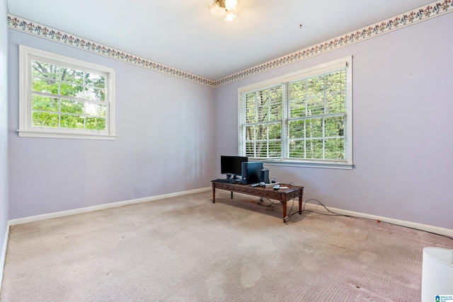 living area featuring light carpet