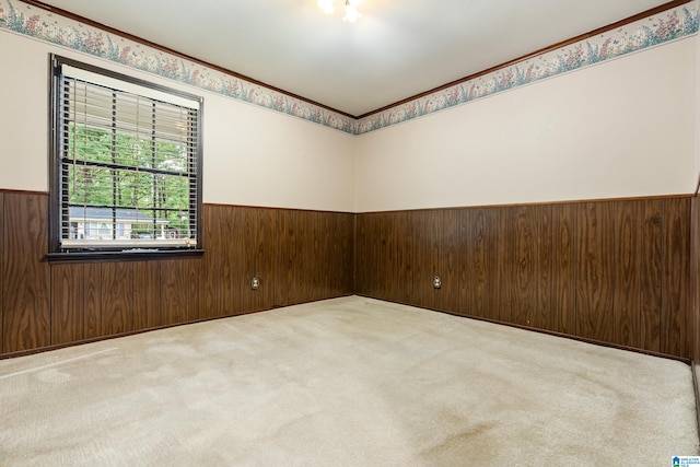 carpeted empty room featuring wood walls and ornamental molding