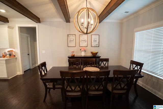 dining room with beamed ceiling, ornamental molding, dark hardwood / wood-style floors, and a notable chandelier