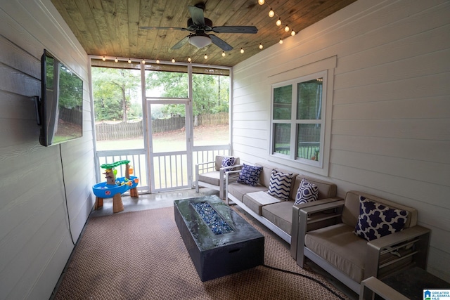 sunroom / solarium featuring ceiling fan, wood ceiling, and rail lighting