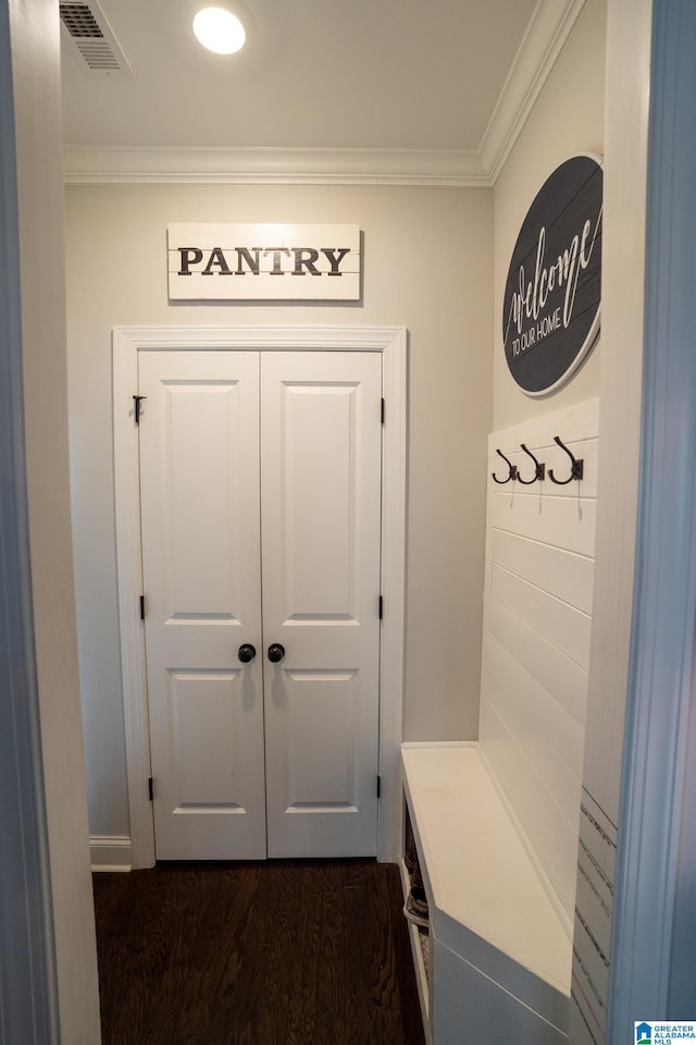 mudroom with crown molding and dark wood-type flooring