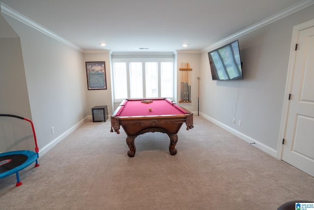 rec room with light colored carpet, crown molding, and pool table