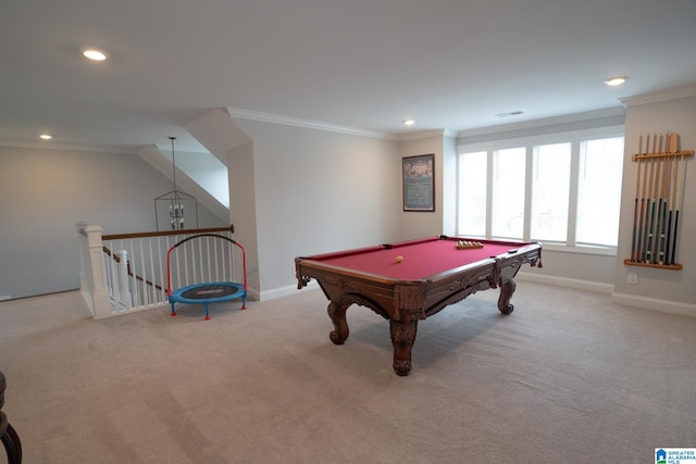 playroom featuring crown molding, light colored carpet, and pool table