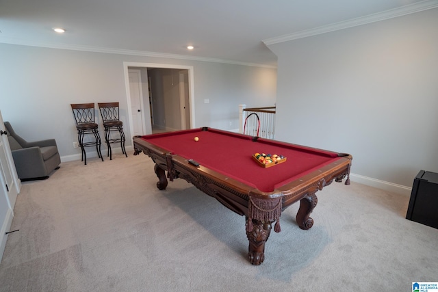 game room featuring crown molding, light carpet, and billiards