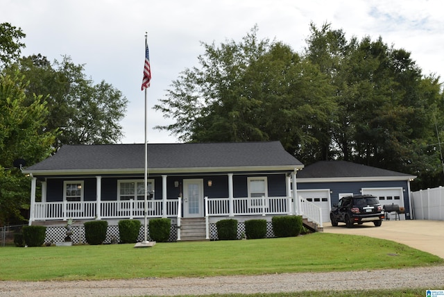 ranch-style house with a front lawn and a porch