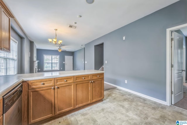 kitchen with decorative light fixtures, ceiling fan with notable chandelier, and dishwasher