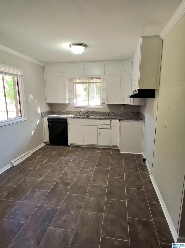 kitchen with ornamental molding, white cabinets, black dishwasher, and sink