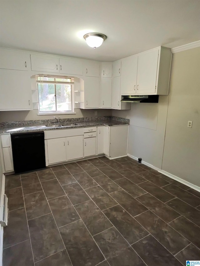 kitchen featuring ornamental molding, dishwasher, white cabinets, and sink