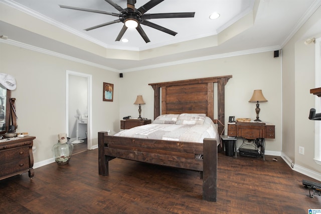 bedroom featuring ceiling fan, dark hardwood / wood-style floors, and ornamental molding