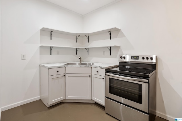 kitchen with crown molding, white cabinetry, stainless steel electric stove, and sink