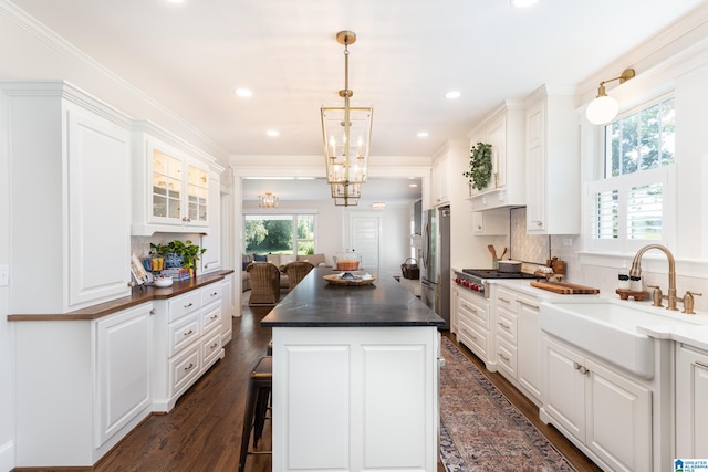 kitchen with a kitchen island, a healthy amount of sunlight, dark hardwood / wood-style floors, and appliances with stainless steel finishes