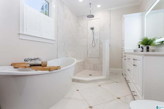 bathroom with shower with separate bathtub, crown molding, and vanity