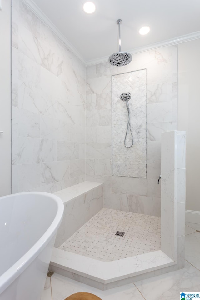 bathroom featuring crown molding and independent shower and bath