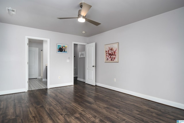 unfurnished bedroom with dark wood-type flooring and ceiling fan