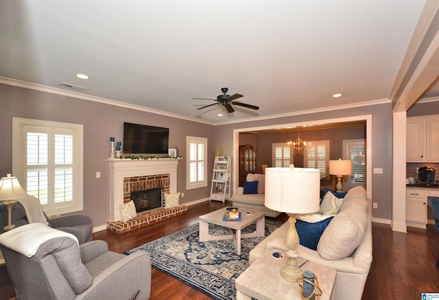 living room featuring a fireplace, dark wood-type flooring, ceiling fan with notable chandelier, and crown molding