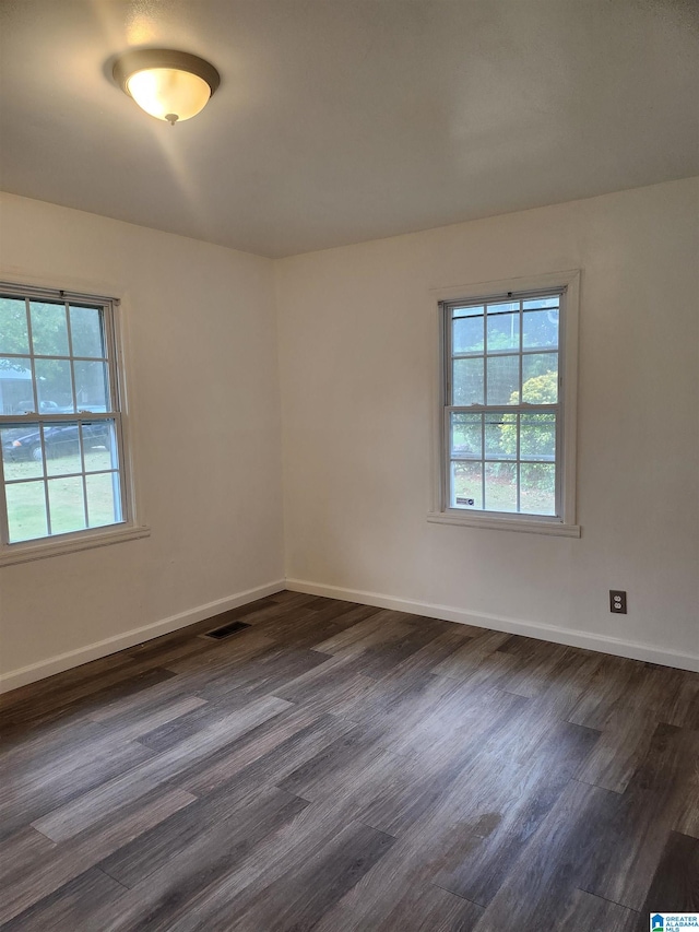 unfurnished room featuring a healthy amount of sunlight and dark wood-type flooring