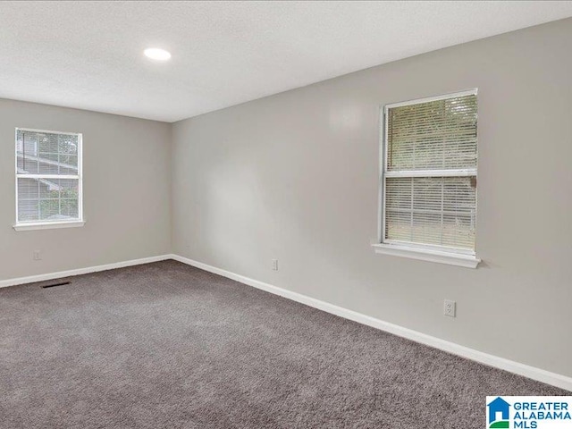 carpeted spare room with a textured ceiling