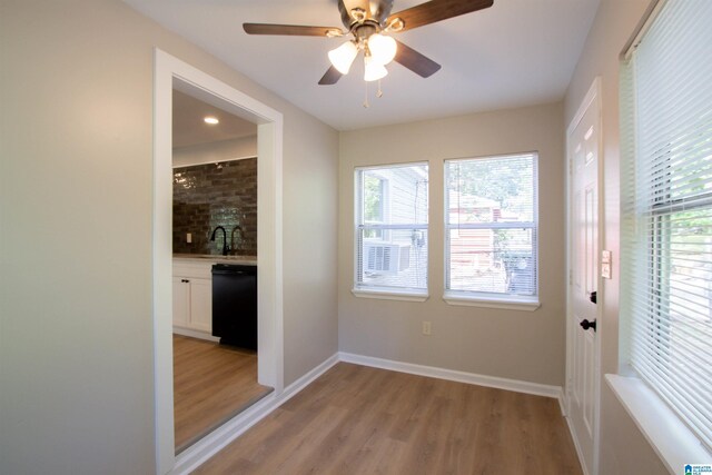 entryway featuring a wealth of natural light, light hardwood / wood-style flooring, and ceiling fan