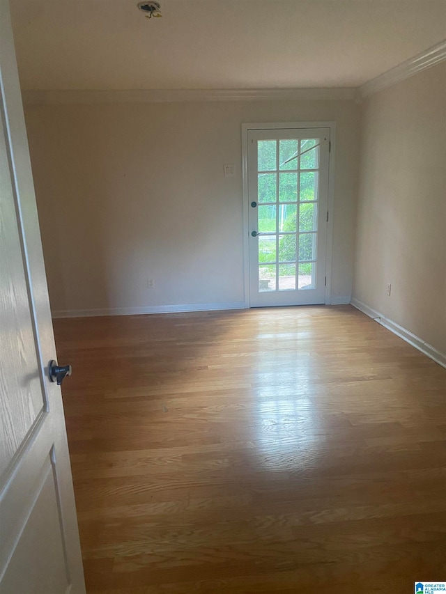 empty room with light hardwood / wood-style floors and crown molding