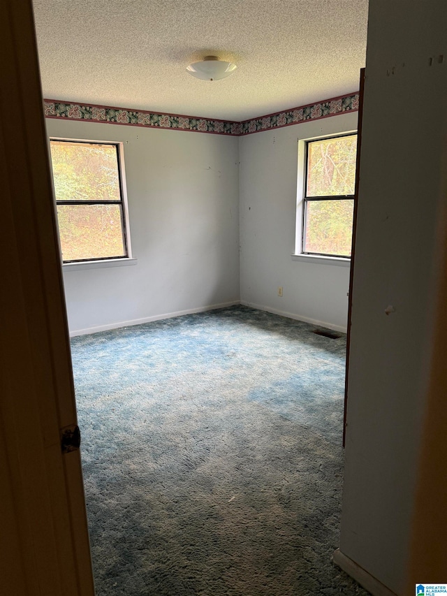 carpeted empty room with a textured ceiling