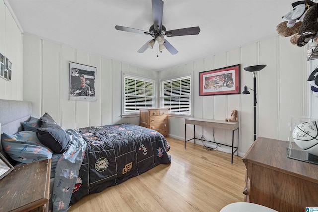 bedroom featuring ceiling fan and light hardwood / wood-style floors