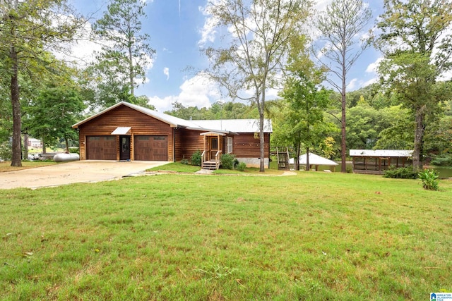 log-style house with a garage and a front yard