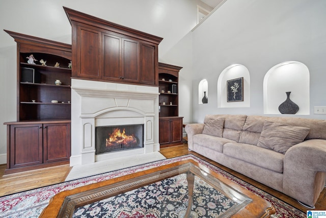 living room featuring light hardwood / wood-style flooring and high vaulted ceiling